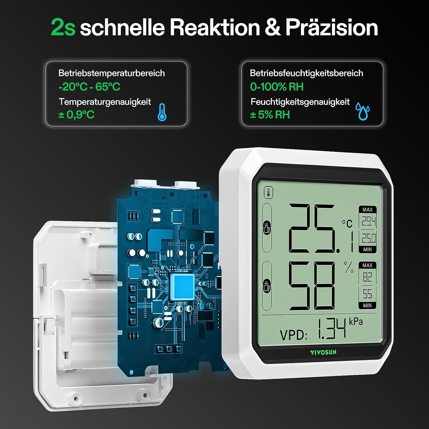 Detalle de VIVOSUN AeroLab THB1S Hygrometer Bluetooth 2 Jahre Speicher