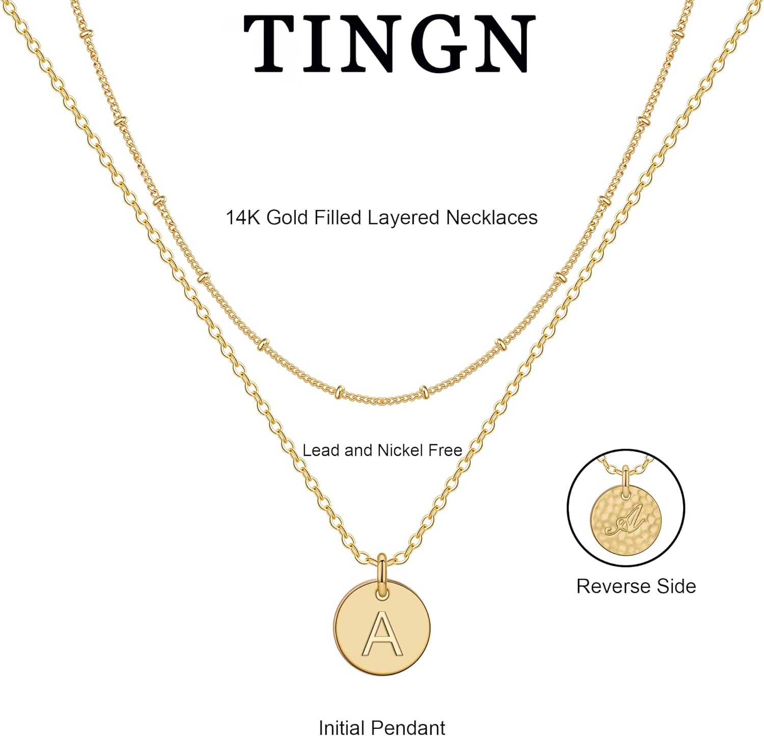 Thumbnail 5 de TINGN Collana da donna in oro 14 carati con riempimento a doppio lato inciso, monete d'oro e iniziale