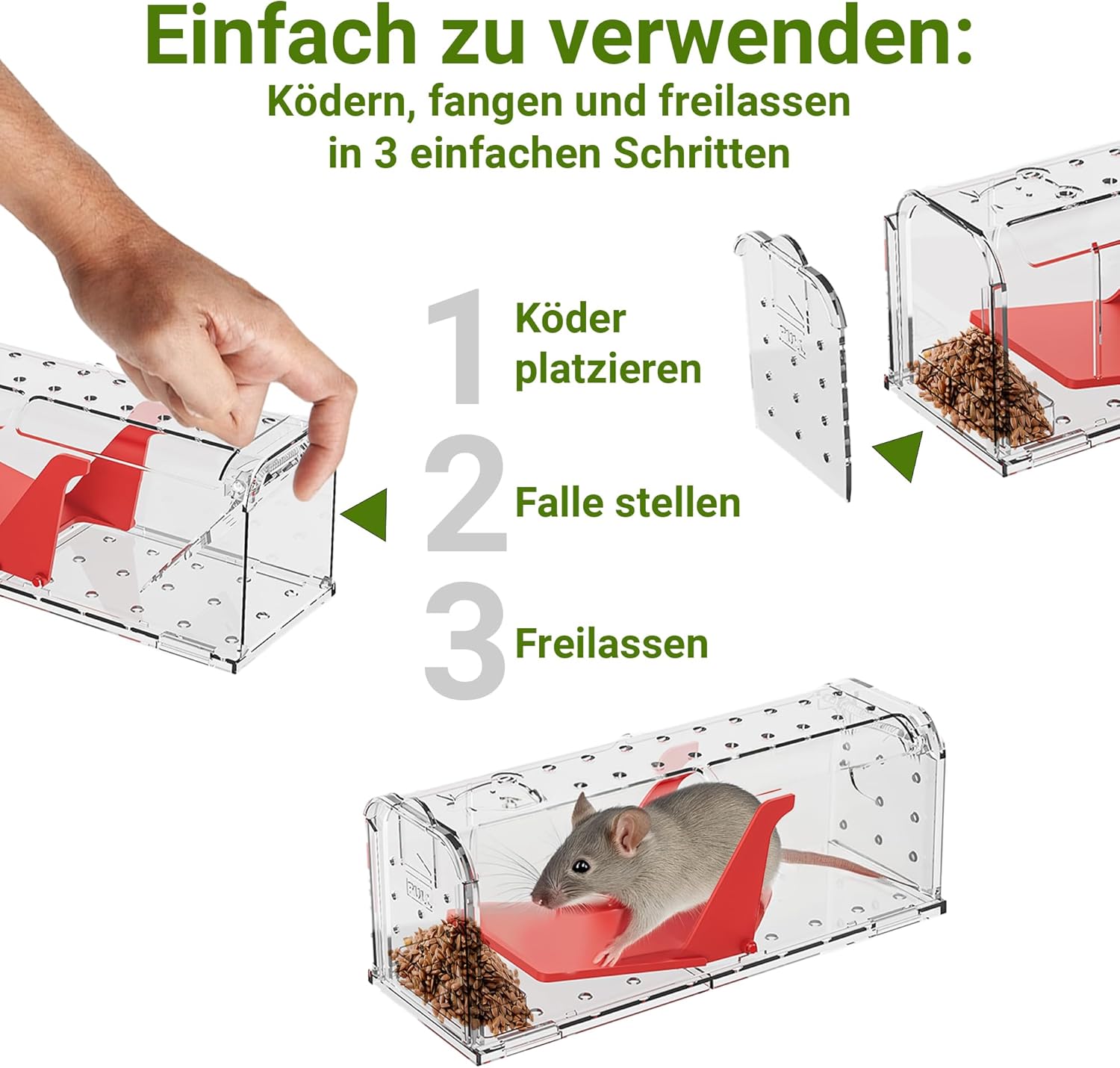 Detalle de Roshield 2 x Mausefalle Lebend – Humane, wiederverwendbare Fallen für Innen und Außen