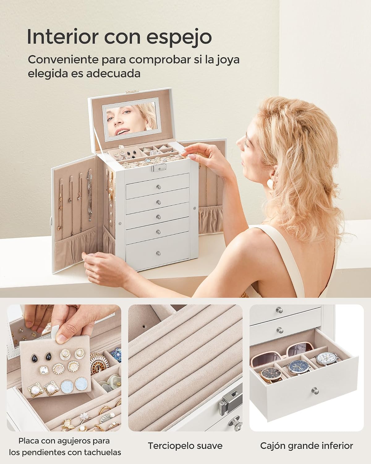 Thumbnail 4 de SONGMICS Caja Joyero de 6 niveles JBC152W01 con 5 cajones, espejo y cerradura