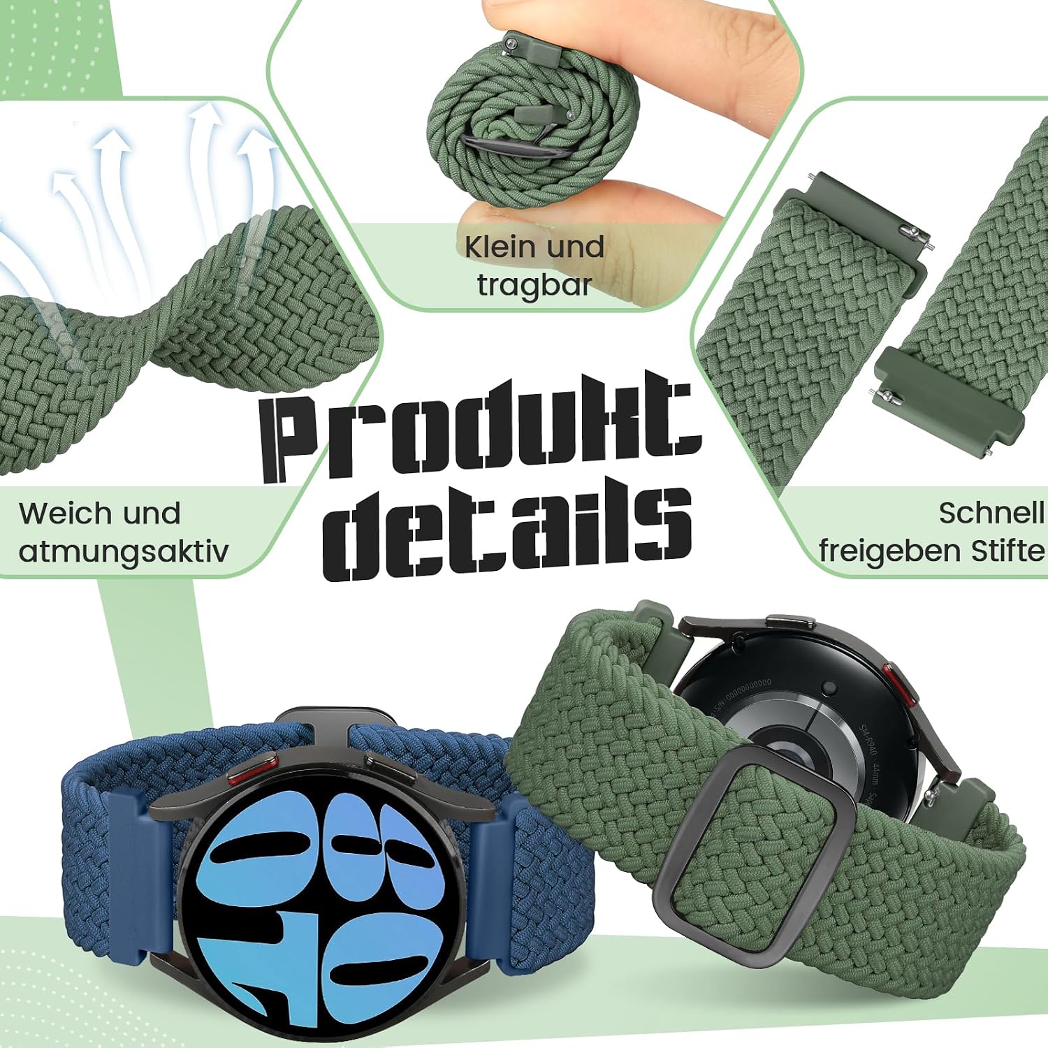 Detalle 2 de Yunshare geflochtenes elastisches Armband mit Schnellverschluss (18–24 mm) – 3er-Set für viele Smartwatch-Modelle