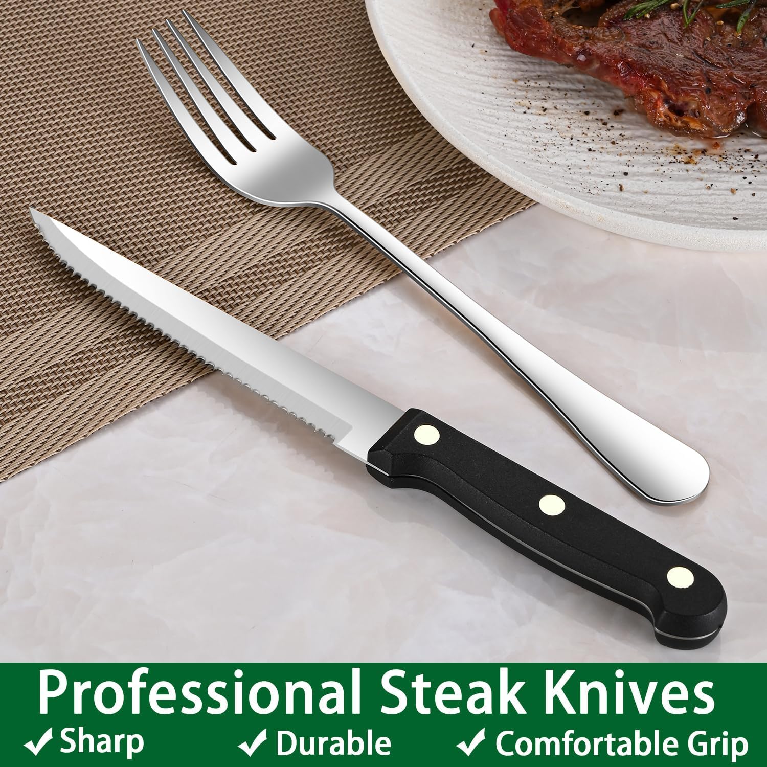 Detalle 1 de Dehov T1010 24-Piece Stainless Steel Flatware Set with Steak Knives
