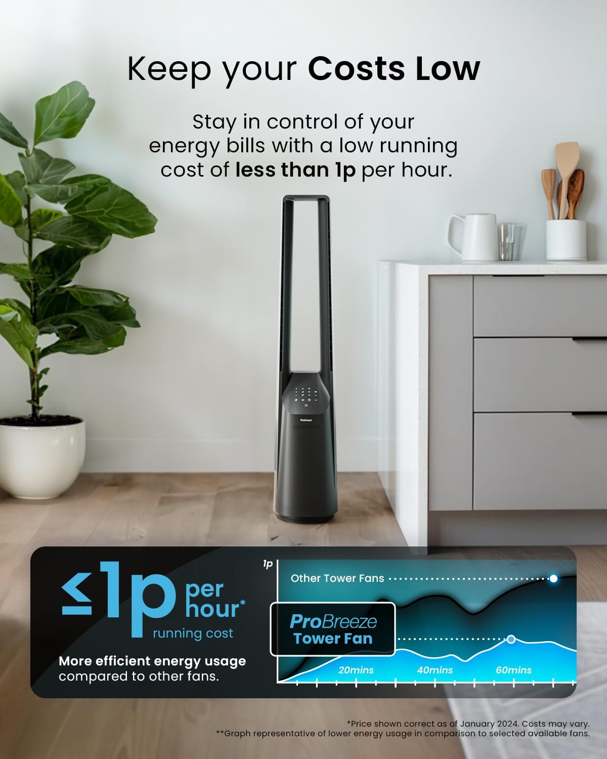 Thumbnail 4 de Pro Breeze Silent Bladeless Portable Tower Fan – Ultra Quiet Air Circulator