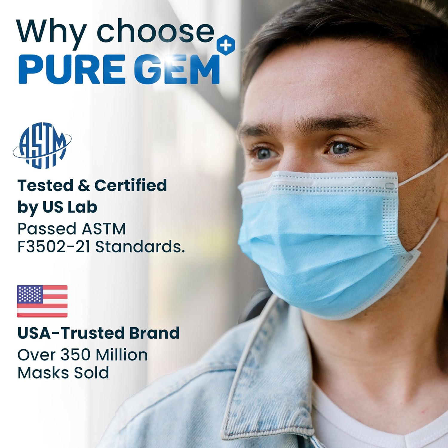 Detalle de PURE GEM 150-Pack: 3-Ply Disposable Blue Face Masks