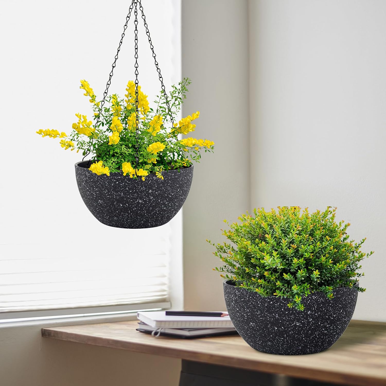 Detalle de Meowell 10-Inch Hanging Planters, 2-Pack, Speckled Black Plastic