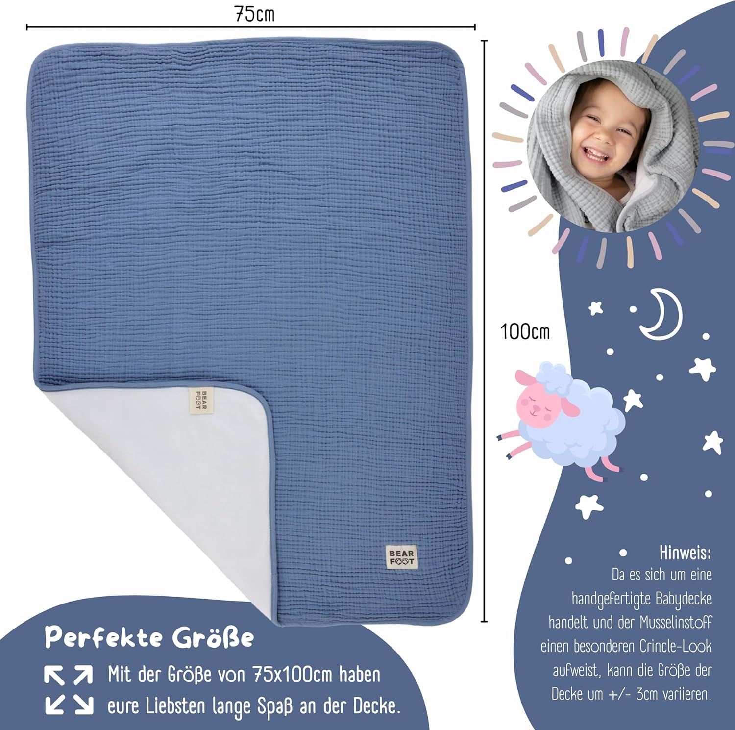 Thumbnail 1 de BEARFOOT Babydecke Musselin-Fleece Decke aus Baumwolle und Fleece – weich zum Kuscheln, Geburt, Kinderwagen & Reise