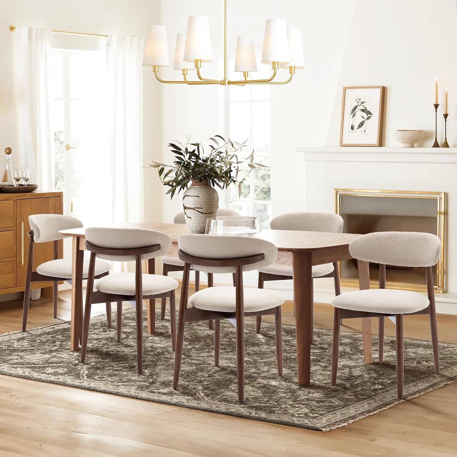 Detalle de COLAMY D6270US Wooden Dining Chairs, Set of 6, Beige Fabric, Rubberwood