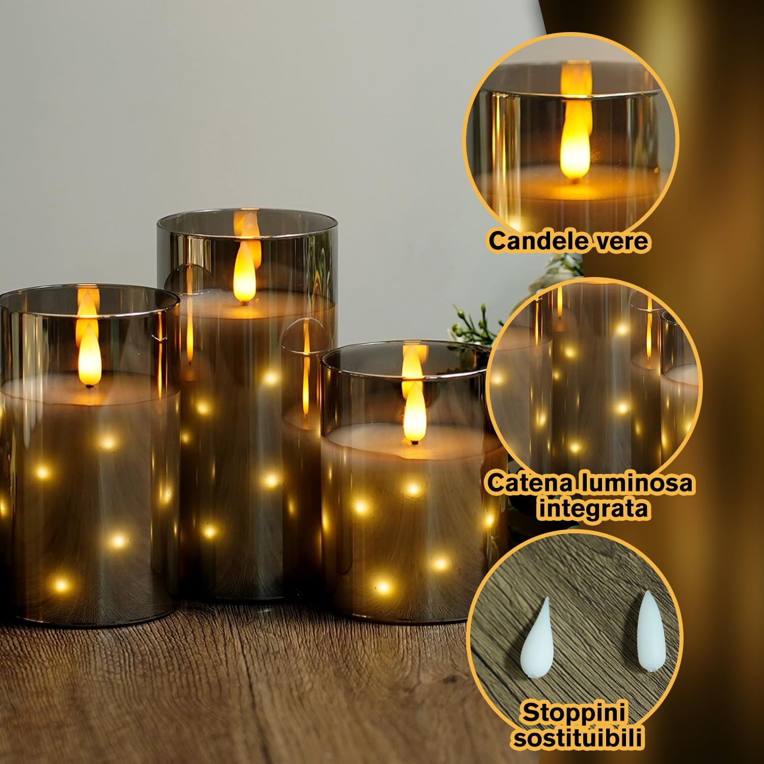 Detalle 2 de Flammenlose LED Kerzen 3er-Set Grau