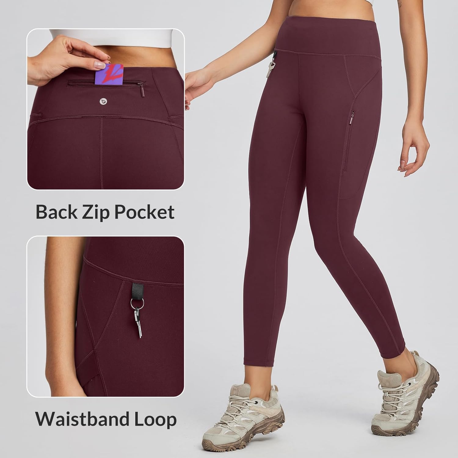 Detalle de Baleaf Women’s Walking Hiking Leggings with 3 Pockets – High Rise, Quick Dry, Non-See-Through