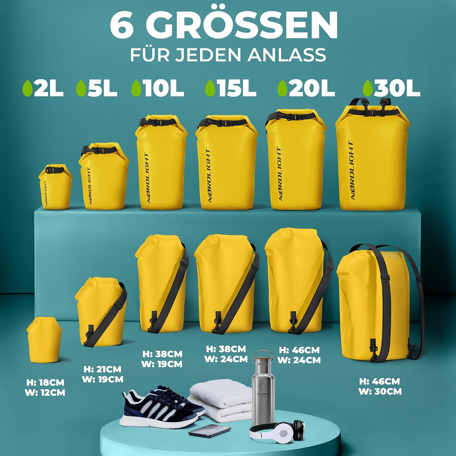 Detalle de Nordlight Dry Bag wasserdichte Tasche – 2l bis 30l, Roll-Top, IPX8, inkl. Bauchtasche & Smartphone-Hülle
