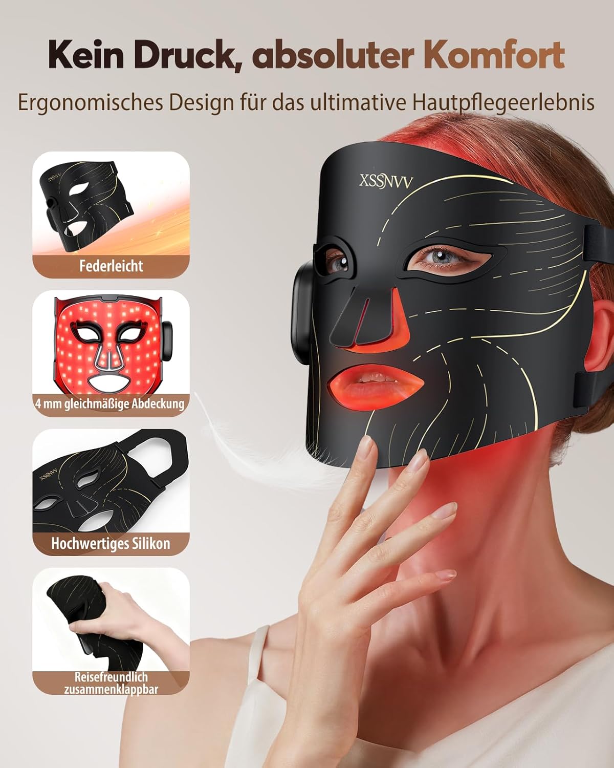Detalle de XSSNVV LED Maske – Kabellose Lichttherapie mit 4 Modi für Hautpflege und Anti-Aging