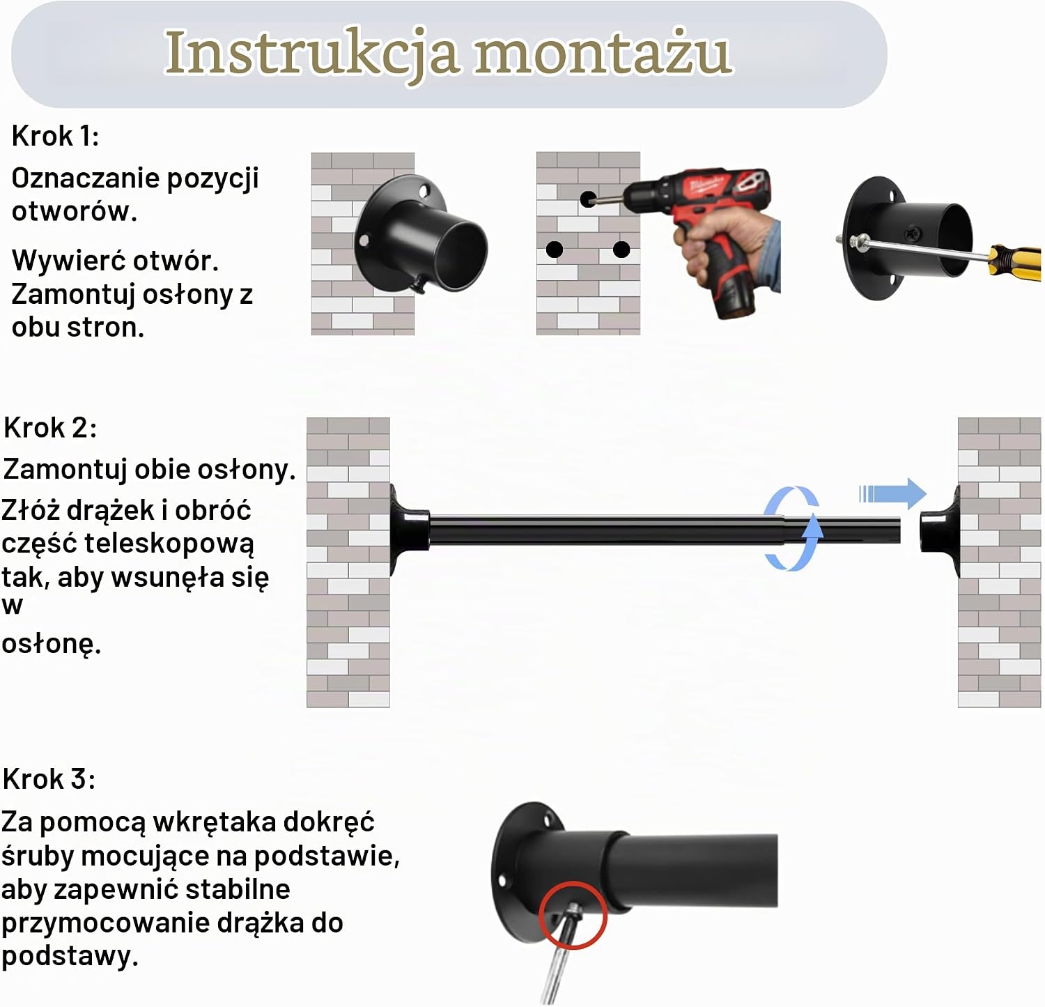 Detalle 1 de Venwemong regulowany drążek do szafy 68–110 cm, stal nierdzewna, biały, Ø 25 mm