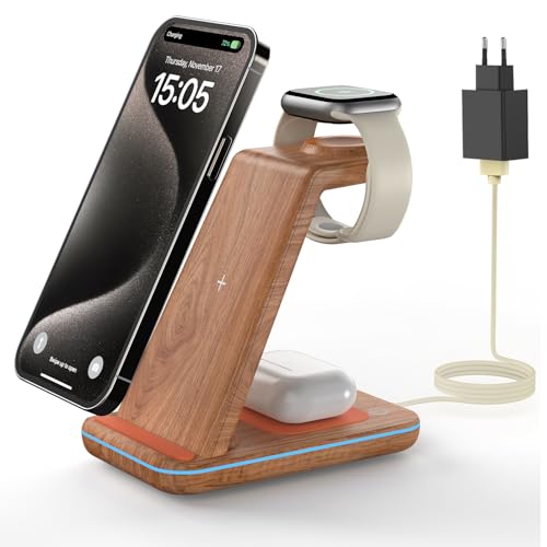 Detalle de GEEKERA Station de Charge 3 en 1 pour Apple – Bois, induction rapide pour iPhone, Apple Watch et AirPods