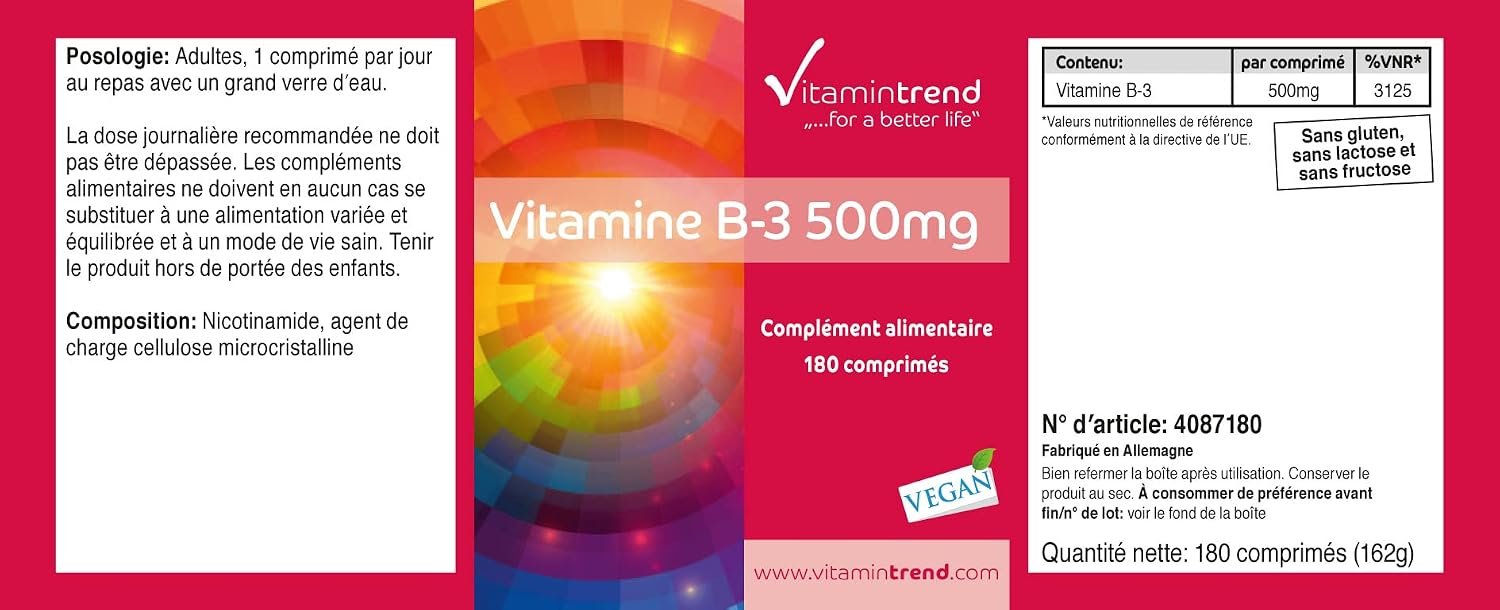 Detalle 2 de Vitamintrend Vitamin B3 500 mg – 180 Tabletten, vegan, hochdosiert, made in Deutschland