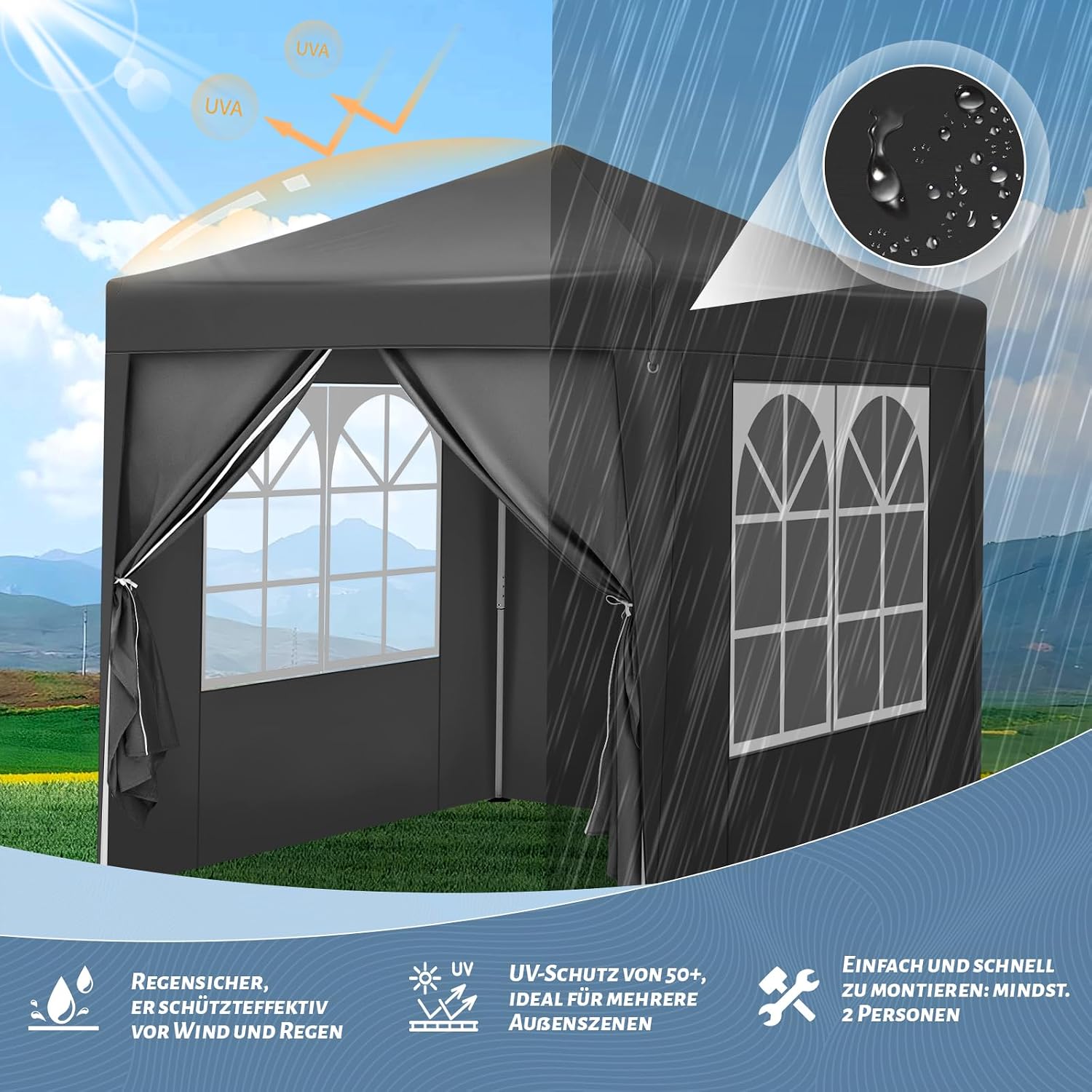 Detalle de WOLTU Pavillon 2x2 m mit 4 Seitenwänden – wasserabweisend, UV-Schutz 50+, pop-up Aufbau, inklusive Tragetasche, Anthrazit