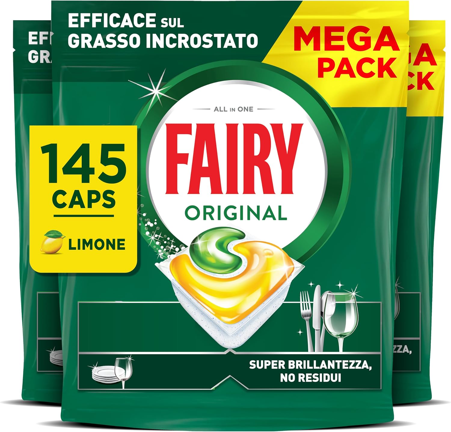 Fairy Original Pastiglie Lavastoviglie, 145 Capsule al Limone: pulizia al primo lavaggio e profumo fresco