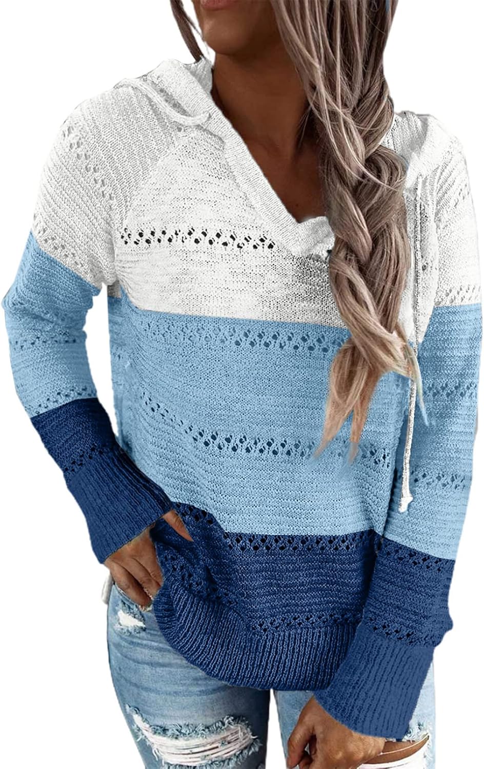 Detalle 2 de BLENCOT Women Color Block Crochet Hoodie sweater