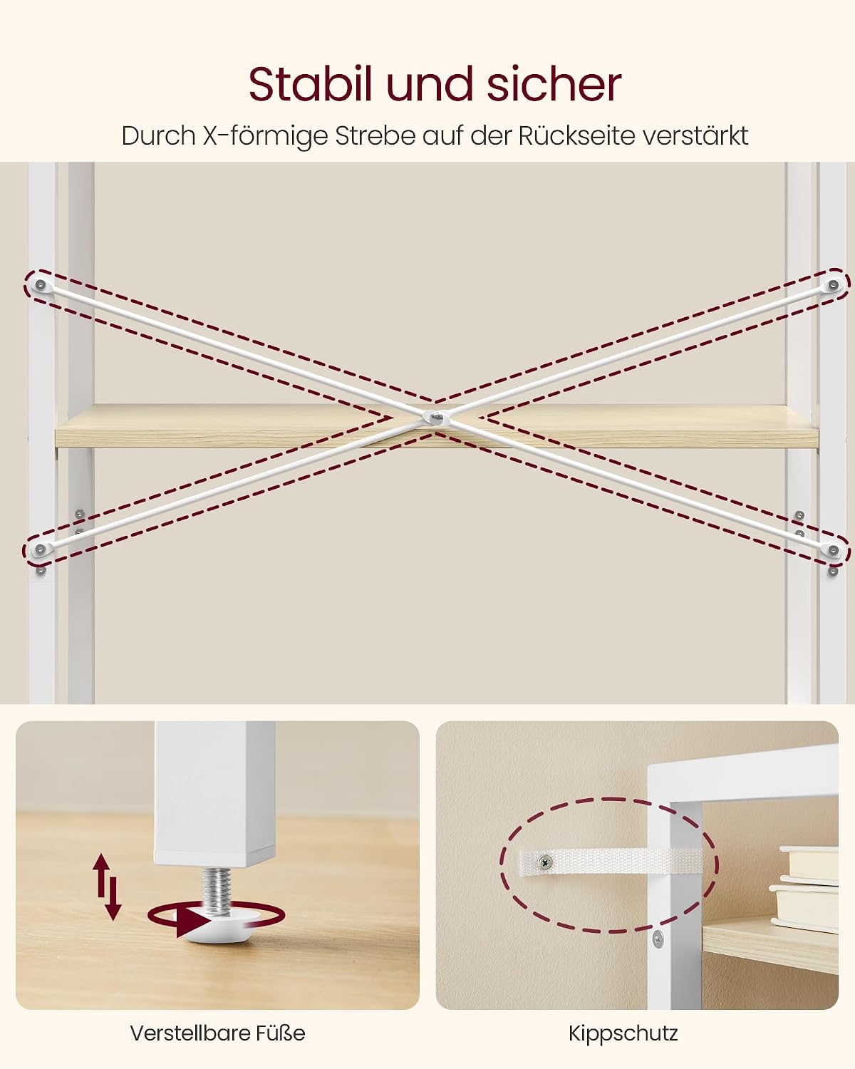 Thumbnail 4 de VASAGLE Regal 6 Ebenen in Naturbeige–Weiß, Standregal aus Stahl und Spanplatte, 30 × 64 × 185,5 cm