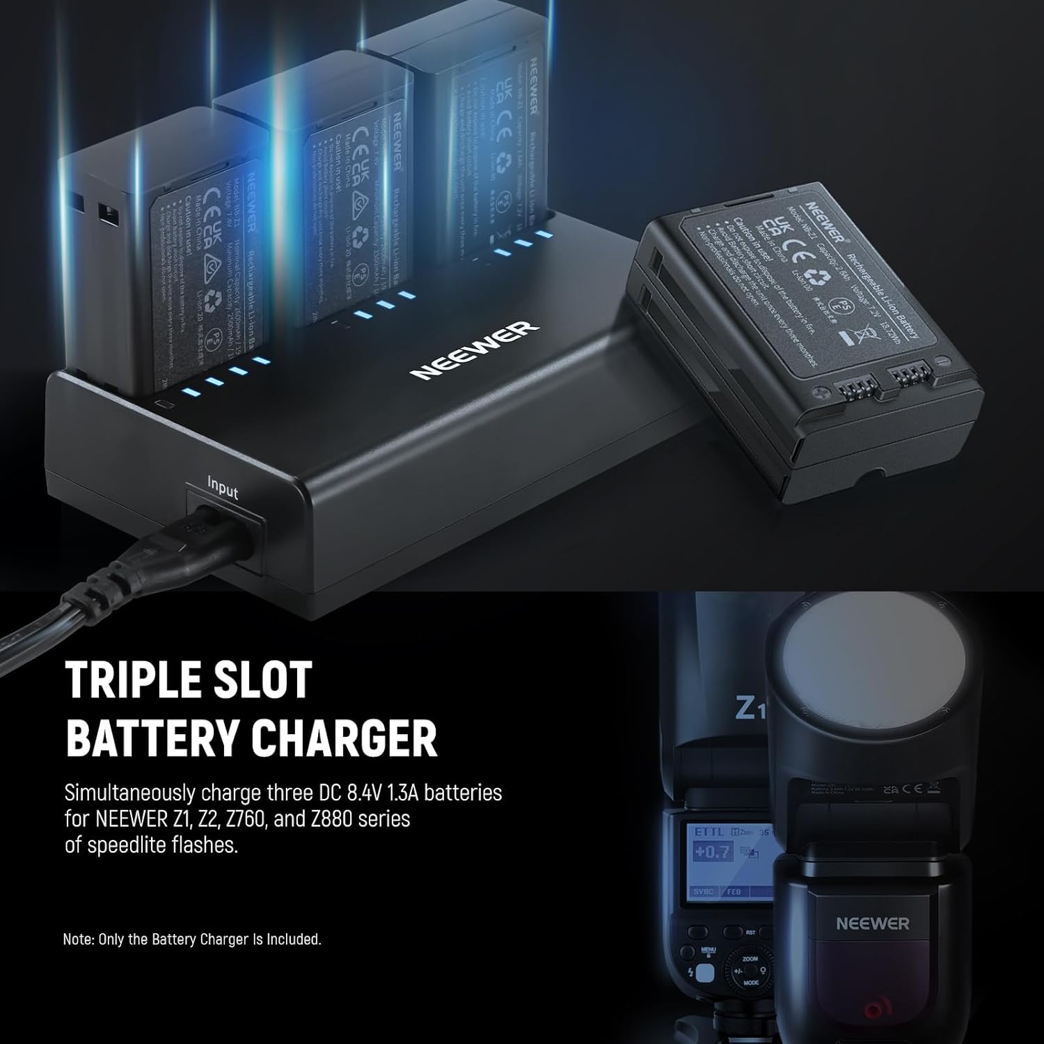 Detalle de NEEWER NC3-Z1 Triple Slot USB Battery Charger Kit for Z1/Z2/Z760/Z880 TTL Speedlite Flash