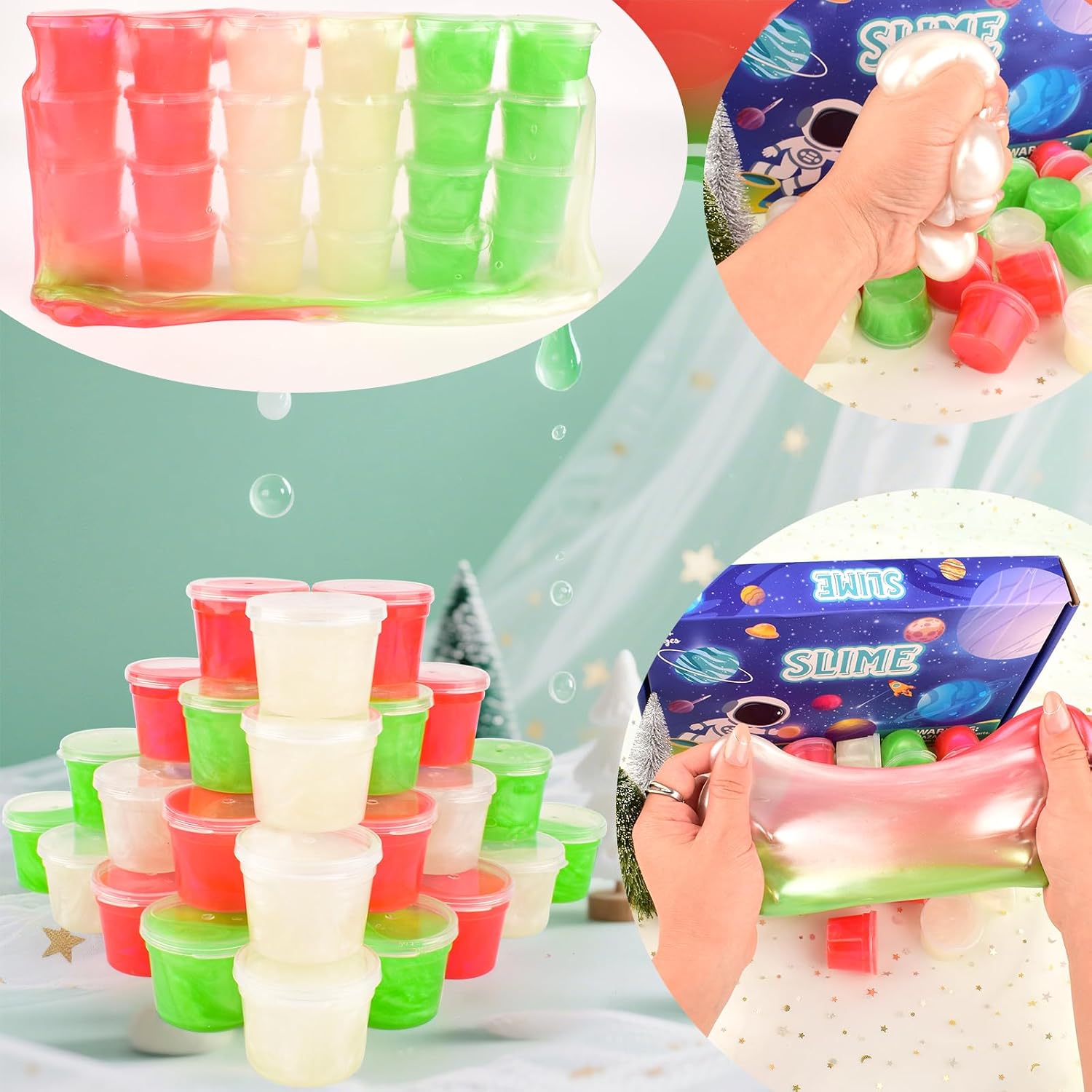 Detalle 1 de Galaxy Slime 24 Pack in Red, Green & White – Non-sticky soft party slime cups for classroom prizes