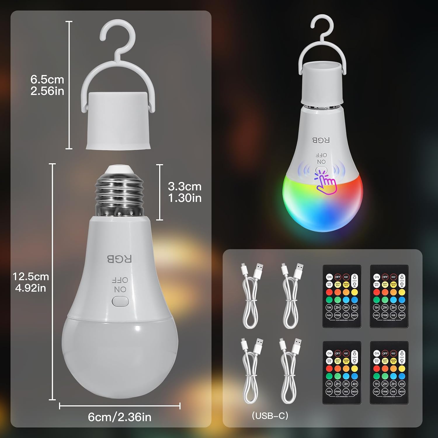 Thumbnail 6 de Kimjo Bombilla LED E27 RGB Recargable con Control Remoto 💡 (4 Piezas)