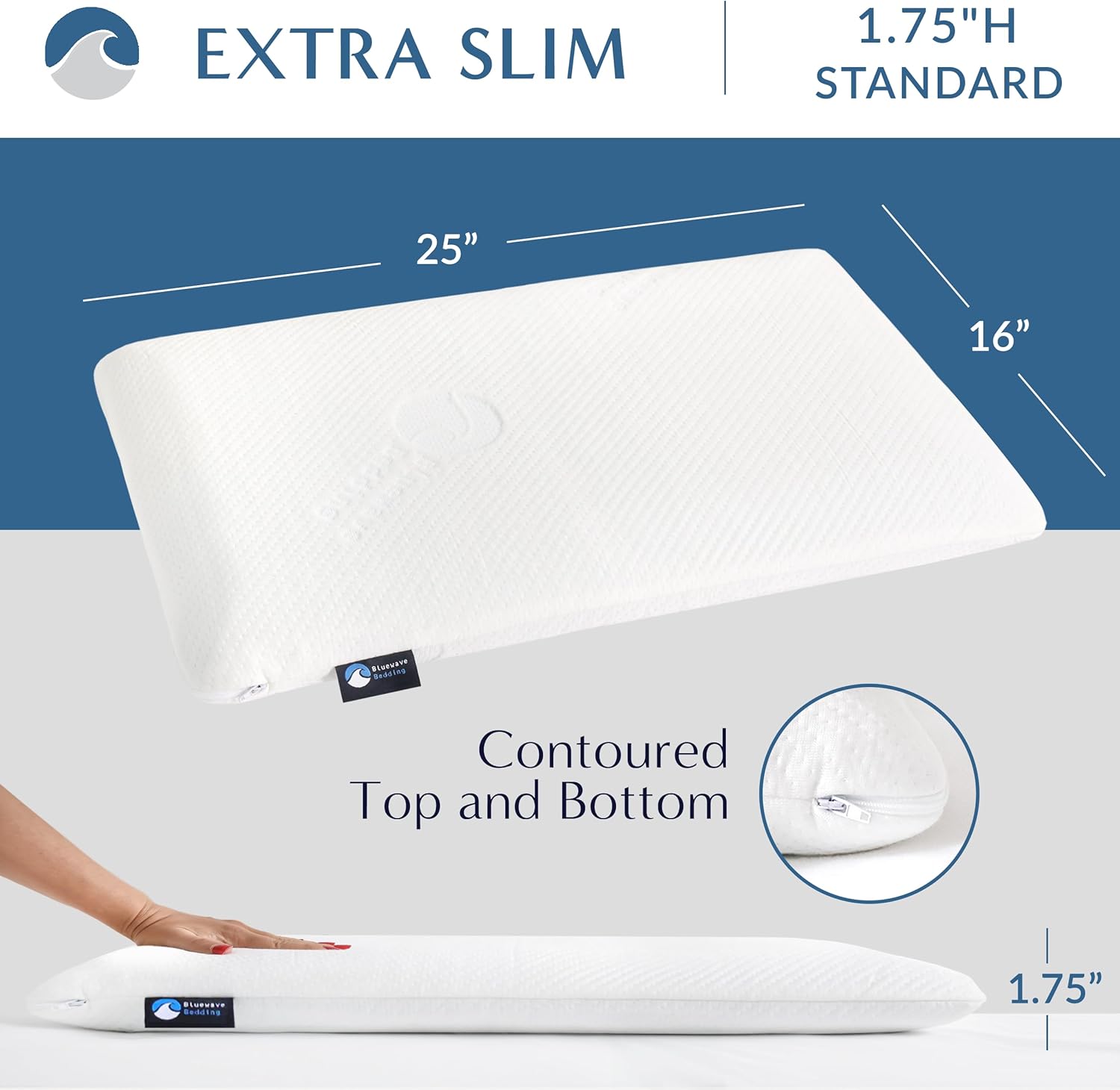 Detalle de Bluewave Bedding 275BBSNVHP Extra Slim Gel Memory Foam Pillow, 1.75-Inch