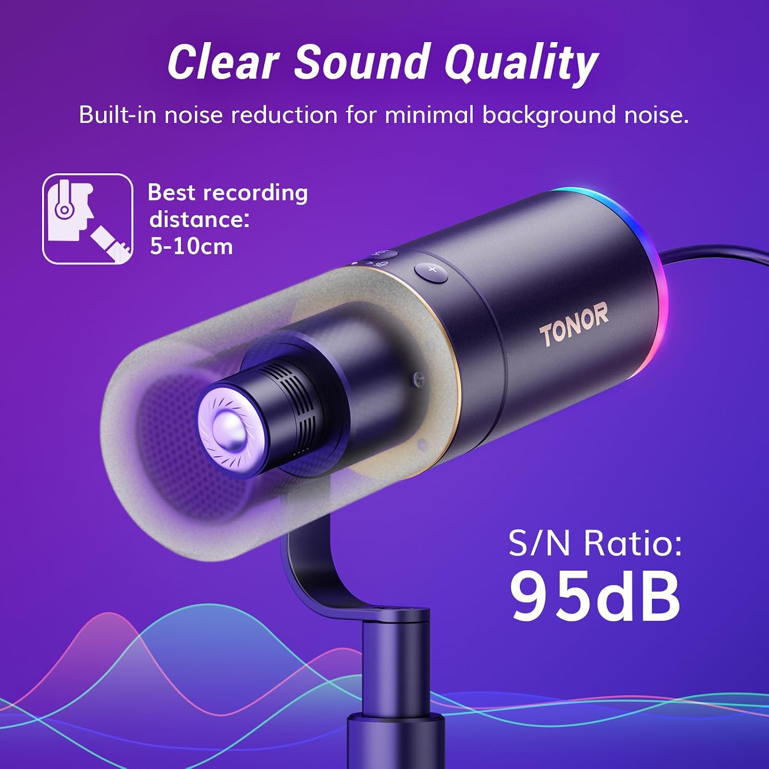 Detalle de TONOR TD520S+ Dynamic USB/XLR Microphone with RGB and Low-Profile Arm