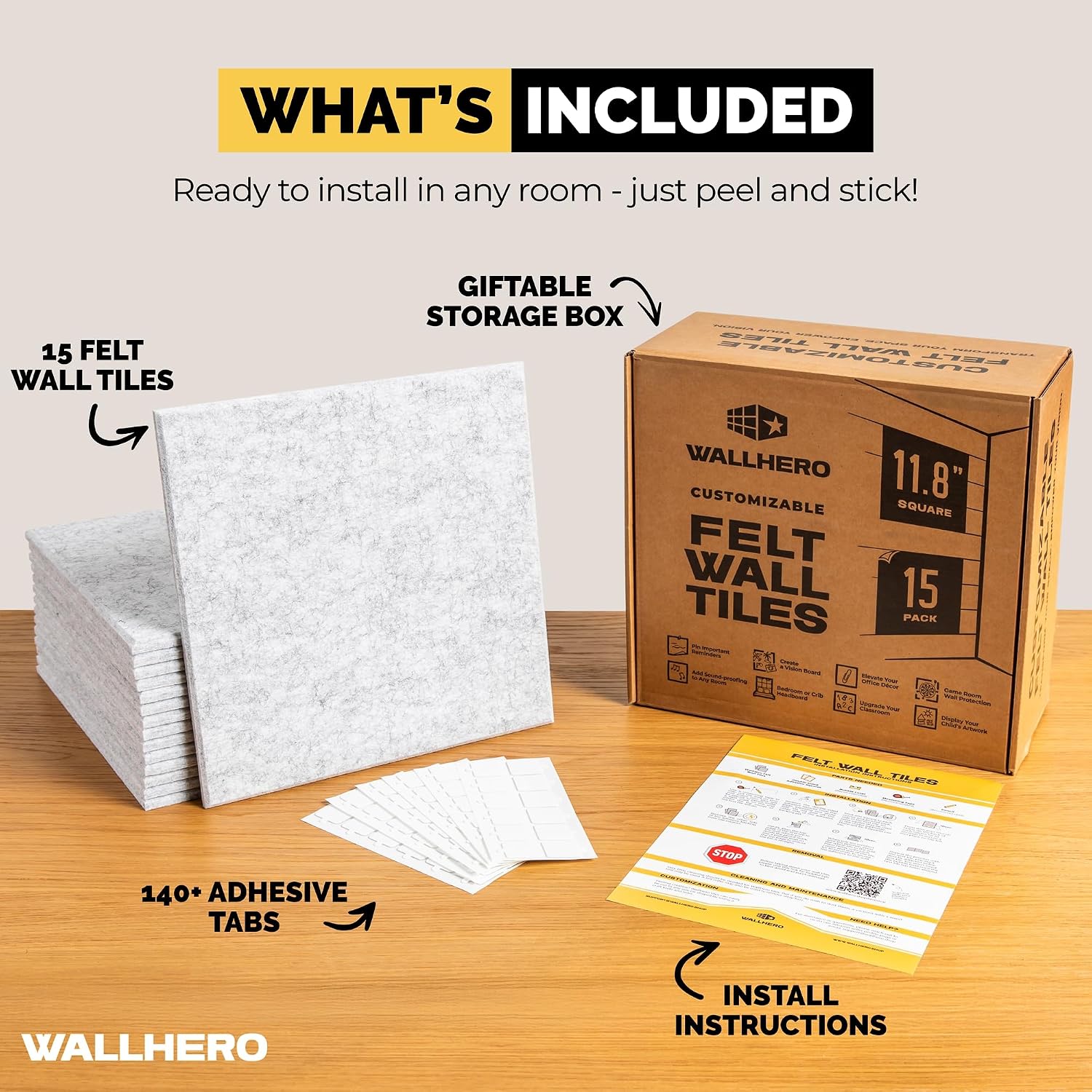 Detalle de WallHero 15x_12inch Felt Bulletin Board Tiles, 15-Pack, Gray Marble