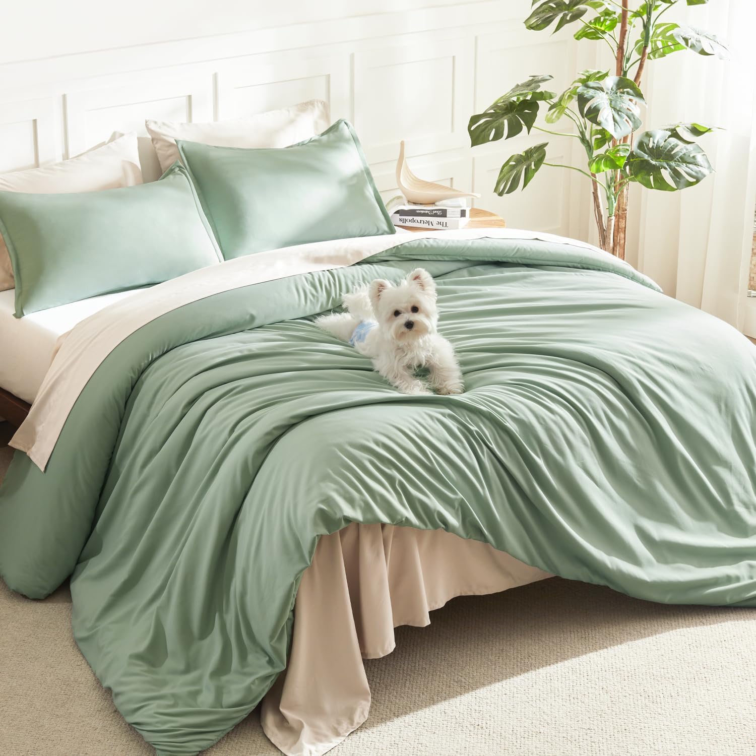 Detalle de Litanika King Size Comforter Set, 3 Pieces – Lightweight All-Season Sage Green with Down-Alternative Filling