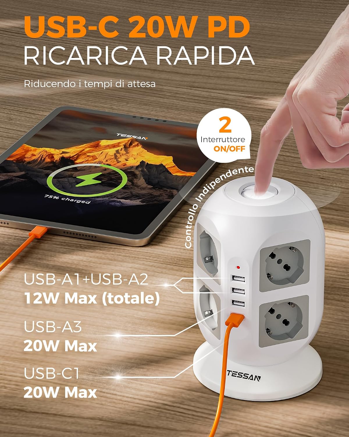 Detalle de TESSAN Ciabatta multipresa 8 Schuko 2 m con 4 USB 🔌
