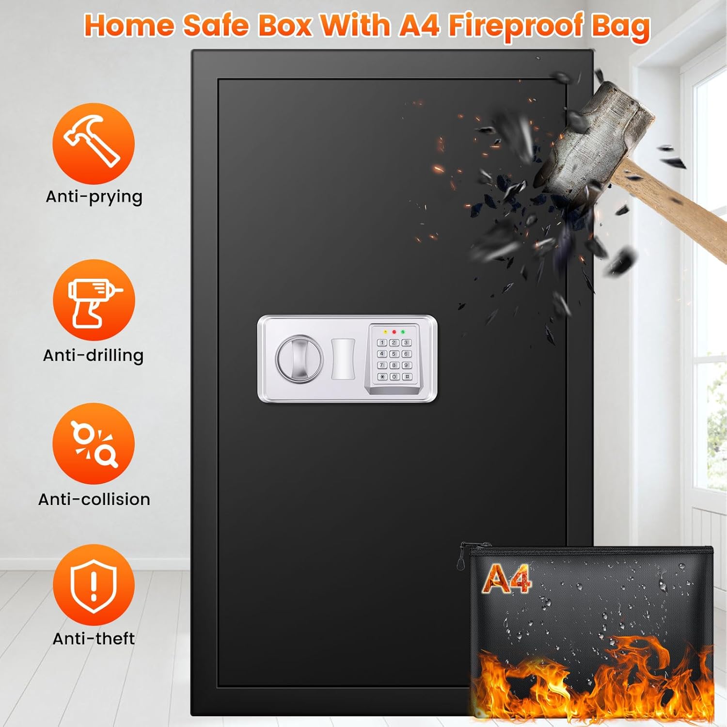 Detalle 2 de Mejasg Large Home Safe Box with A4 Document Bag and 3 Removable Shelves – 102L, Alarm, and Silent Mode