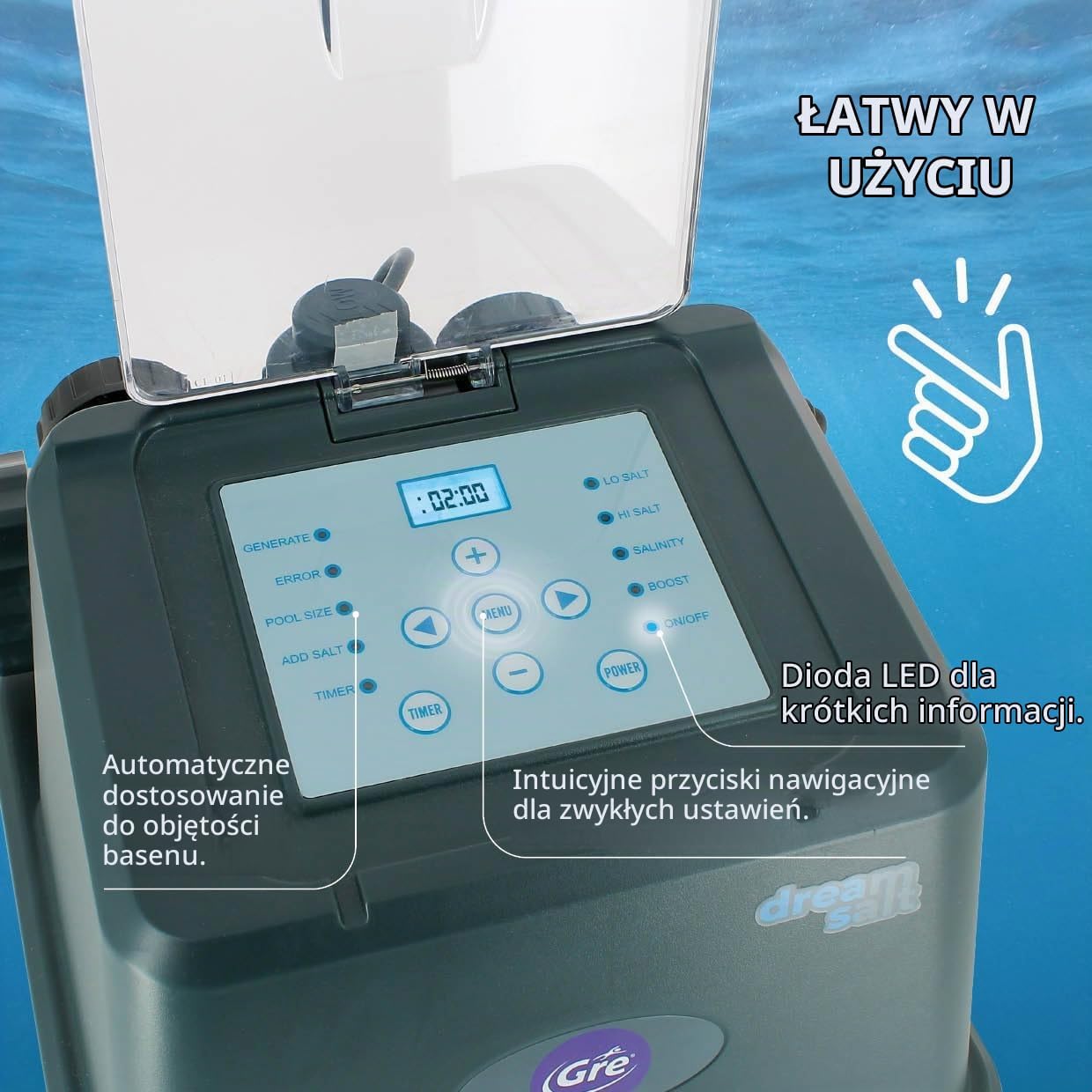 Detalle 1 de Gre GSS25 – elektrolizer solny do basenów naziemnych do 25 m³ z wyświetlaczem LED