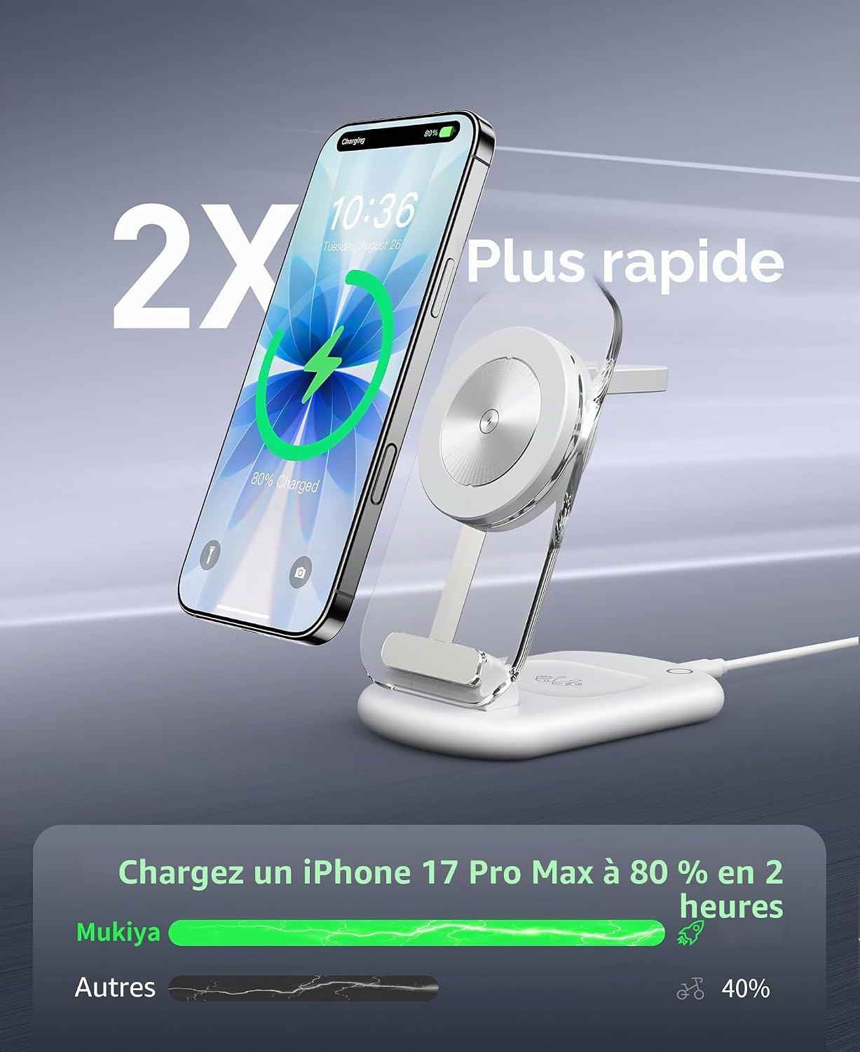 Thumbnail 2 de Chargeur Mag-Safe Wireless 3-en-1 argenté – station de recharge magnétique pour iPhone, Apple Watch et AirPods (lot de 2)