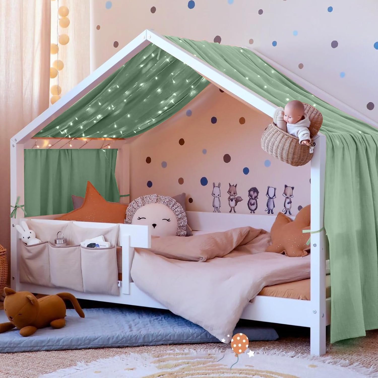 Detalle de Vicloon Bed Canopy for Children – 100% Cotton Muslin, 135 x 360 cm, Light Green