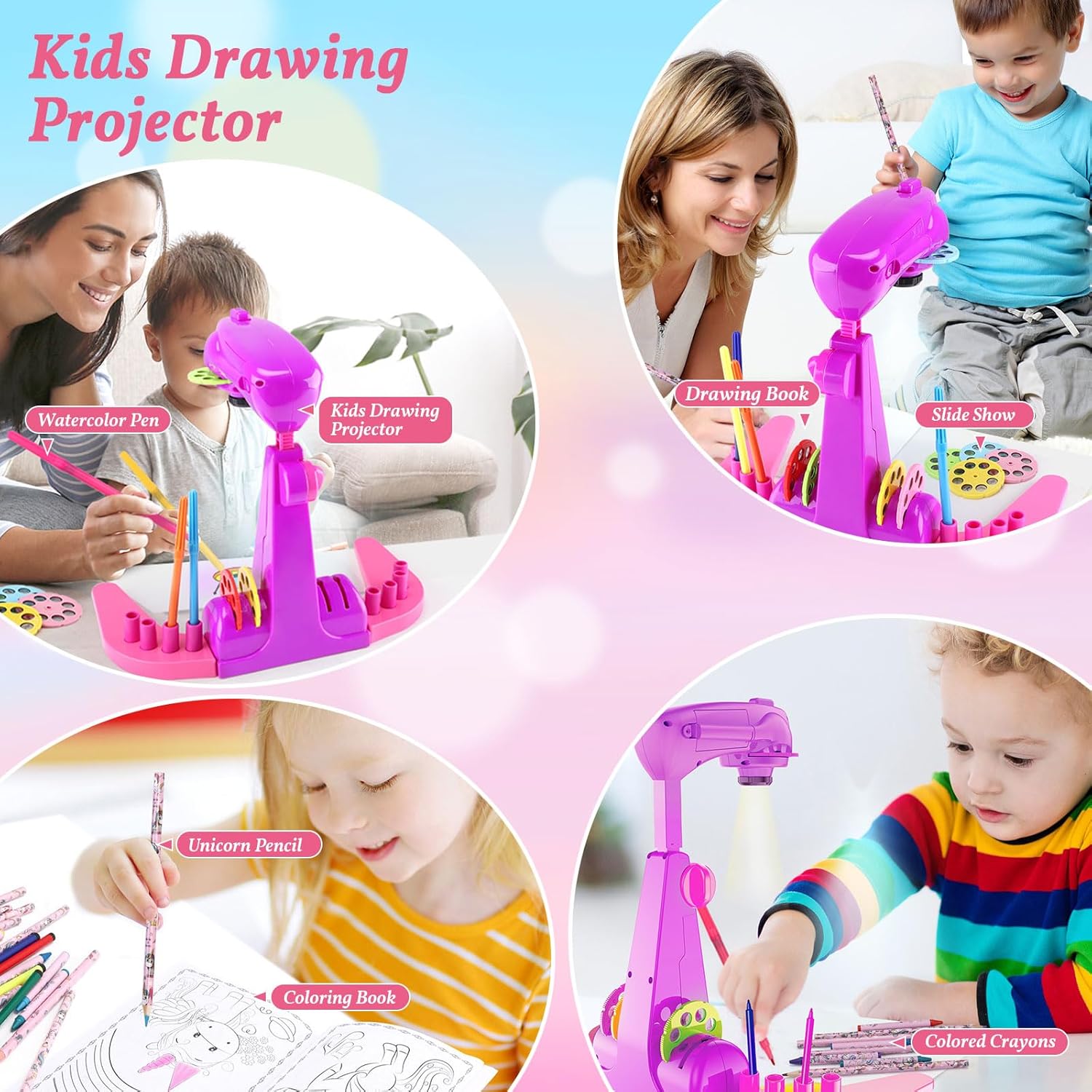Thumbnail 4 de Konijiwa Jouet Fille Projecteur de dessin enfant avec 72 motifs, crayons, ciseaux licorne et livres