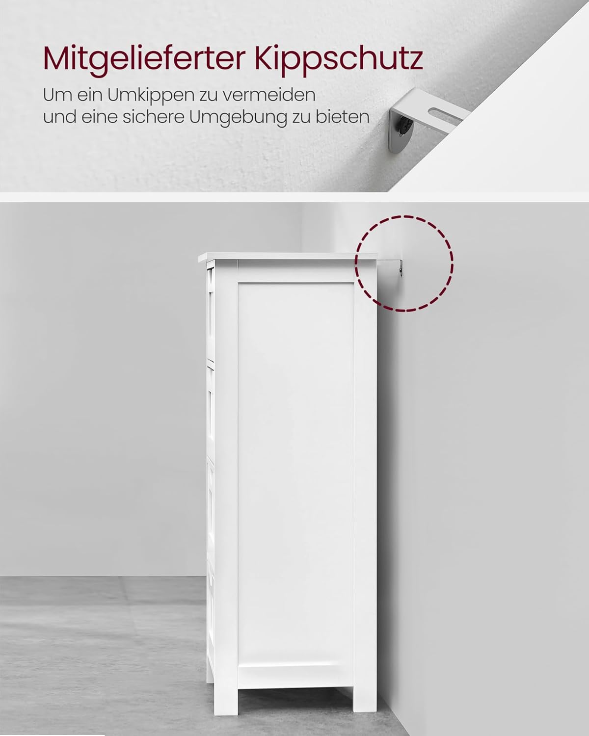 Detalle de VASAGLE Badezimmerschrank LHC40W mit 4 Schubladen (30 x 30 x 82 cm), weiß