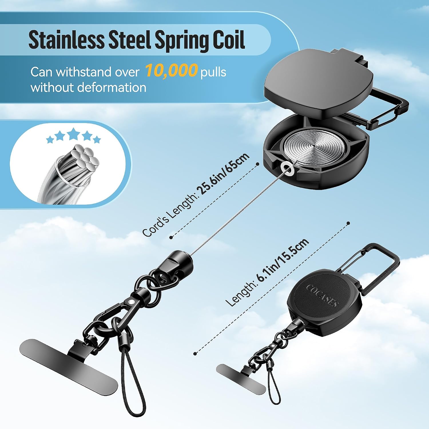 Detalle de COCASES 2 Pack Retractable Phone Lanyard: Anti-Theft 360° Clip with Steel Line & Quick-Release Options