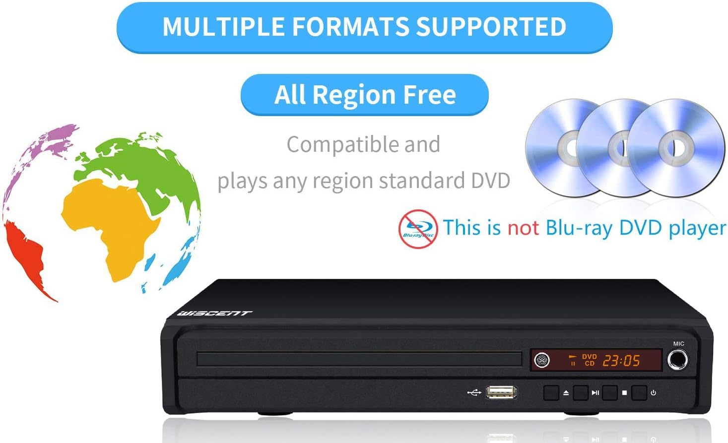 Detalle de WISCENT mini DVD player for TV (all-region free) with HDMI, AV, USB and remote control