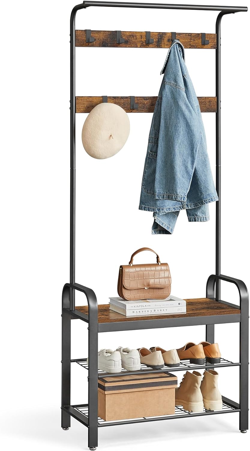 Detalle de VASAGLE Hall Tree with Shoe Bench, 9 Hooks