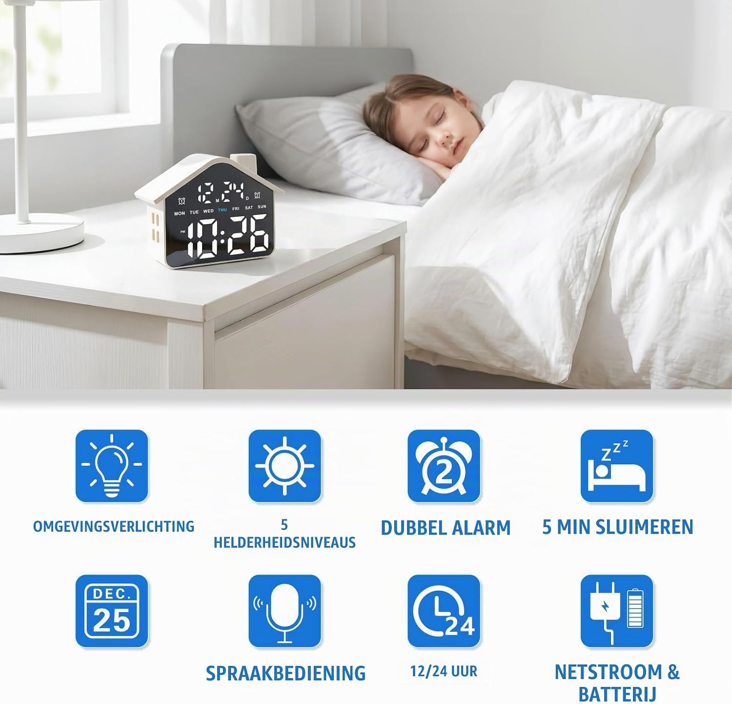 Detalle de Plumeet VLEU-8053-WH digitale wekker met dubbel alarm en dimbaar display