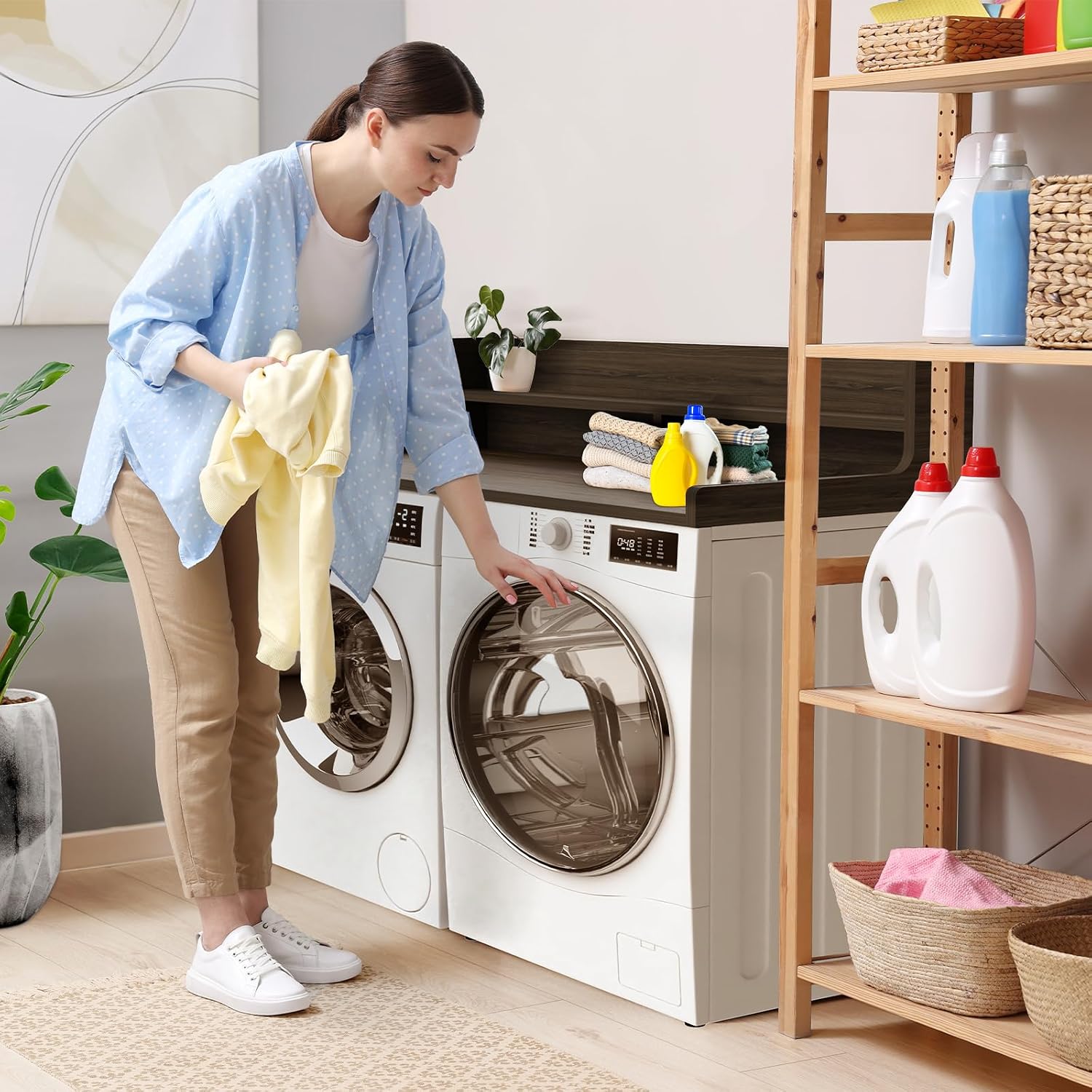 Detalle de FZGhome 2-Tier Washer Dryer Countertop, 137.1 cm x 70 cm, Walnut Brown