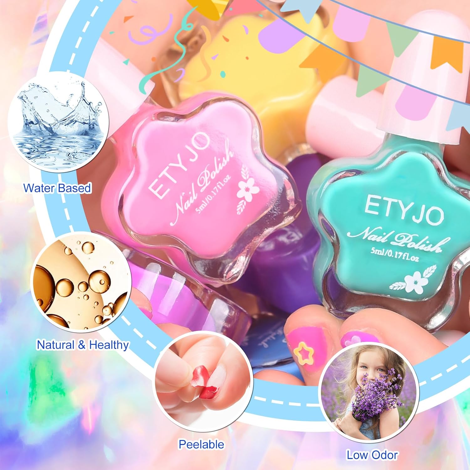 Detalle de ETYJO Kindernagellack Set auf Wasserbasis – Peel Off Ungiftig, 6×5 ml