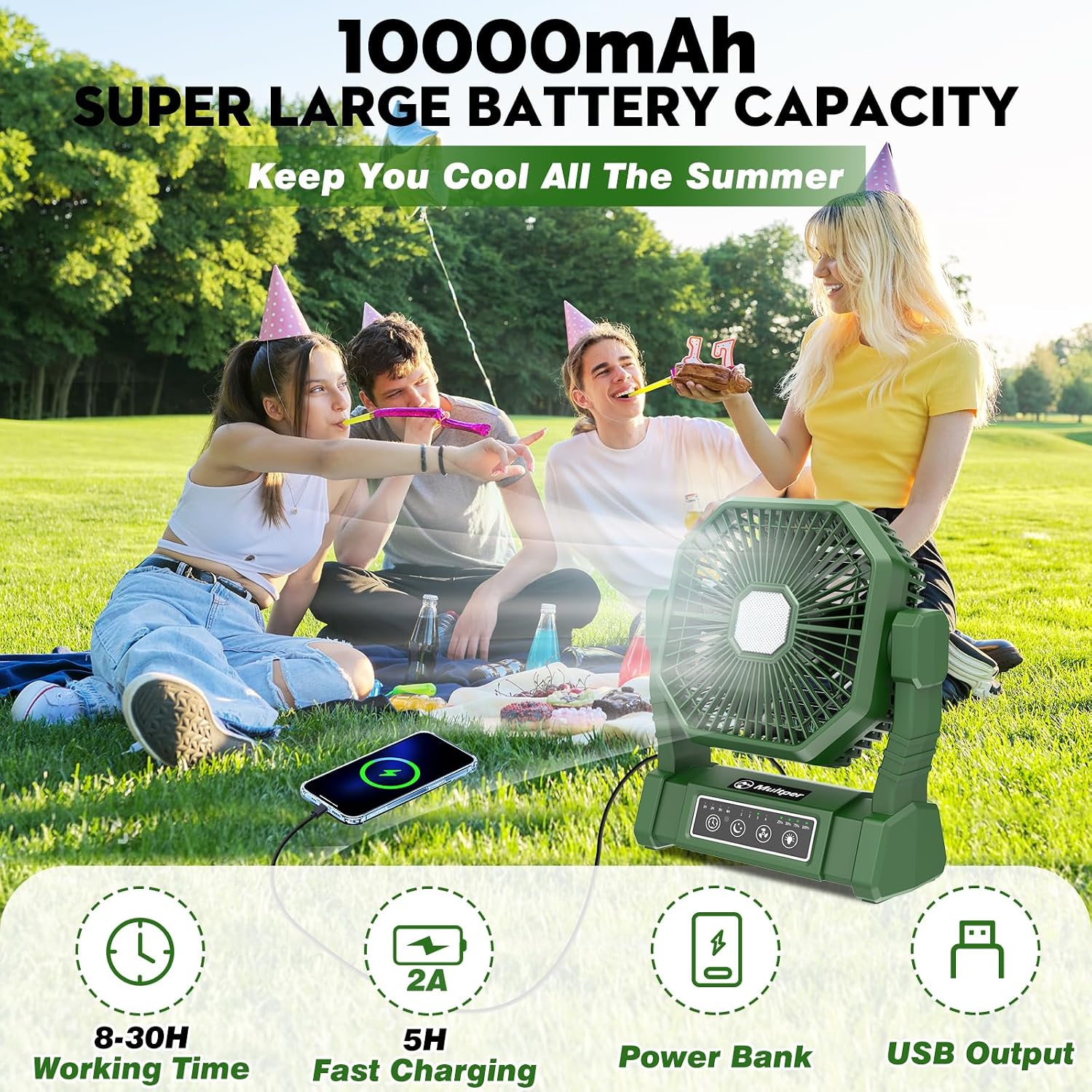 Thumbnail 1 de Multper Camping Ventilador con Luz LED y Control Remoto — Ventilador Recargable 4 Velocidades para Tienda y Exterior