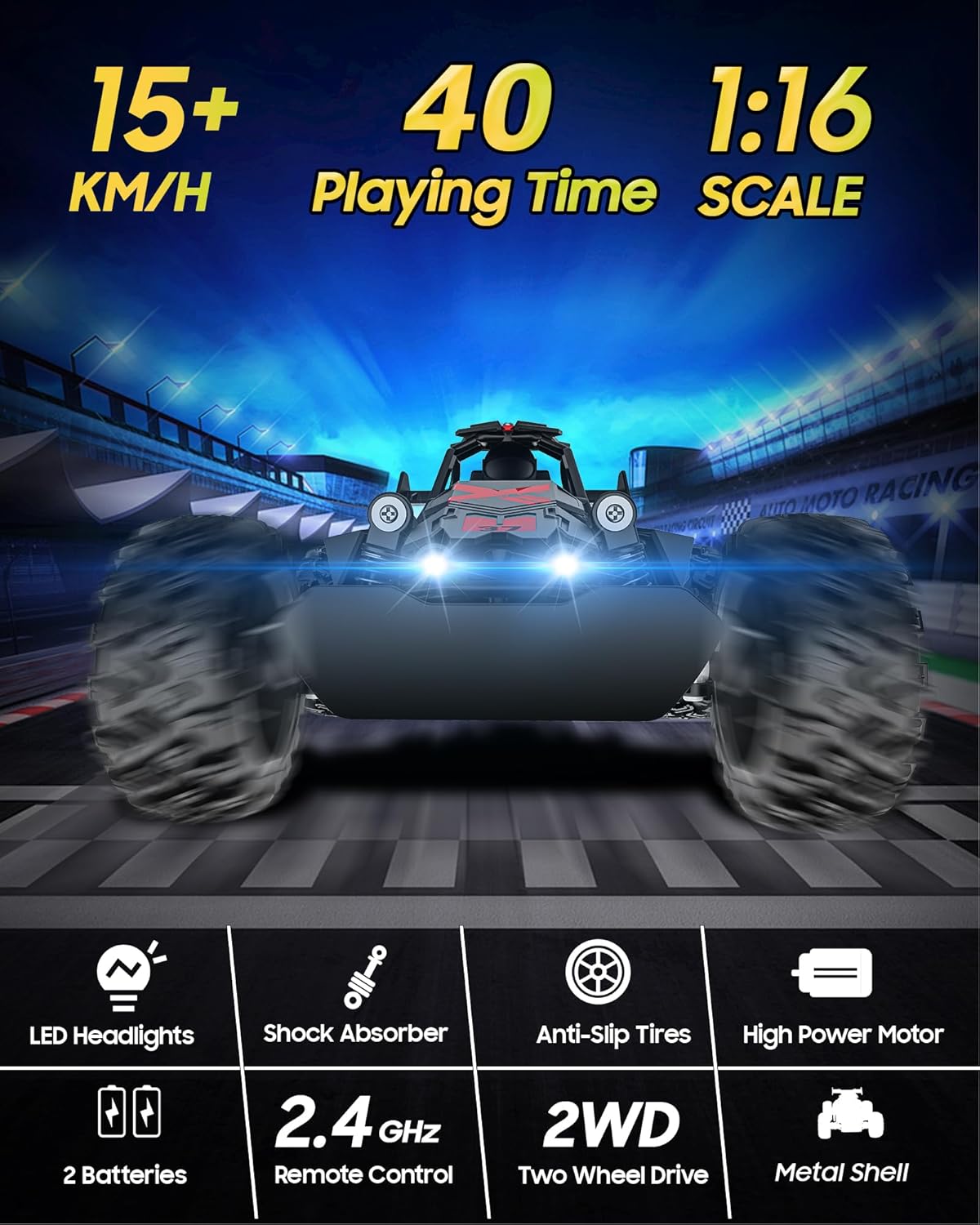 Detalle 2 de SZJJX 2.4Ghz Remote Control Monster Truck for Kids (Age 3–7+) with LED Lights, 15+ KM/H