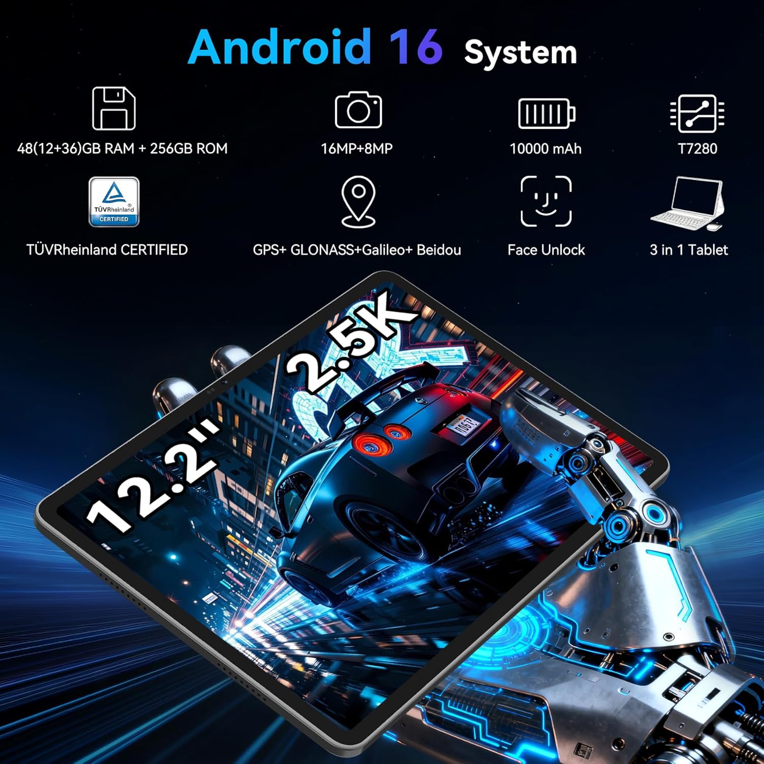 Detalle 2 de 12 Inch Tablet with 2.5K Display, Android 16, 48GB RAM & 2TB Expandable Storage