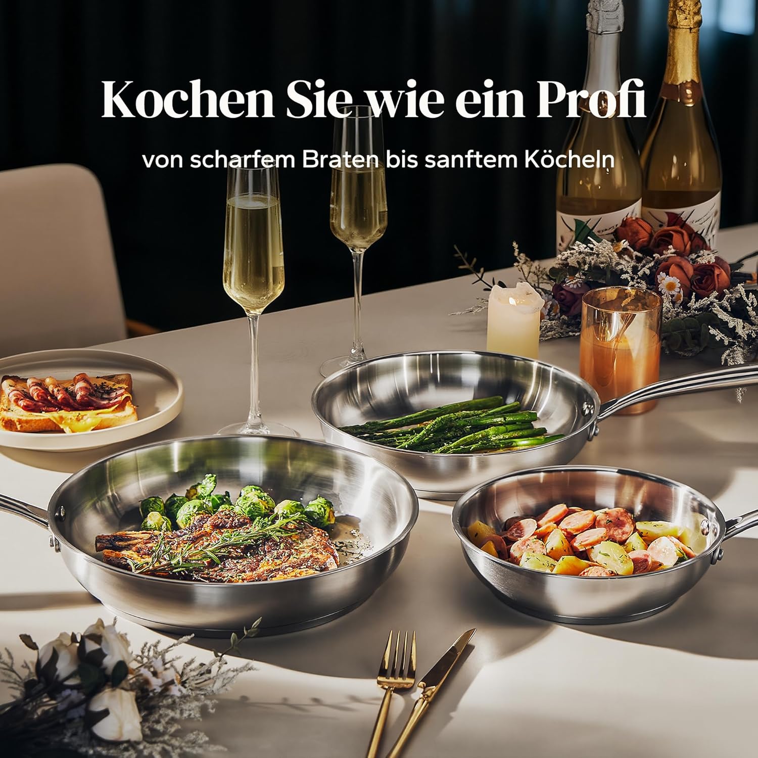 Detalle de Redchef Pfannenset Induktion Set (3-teilig) aus Edelstahl, unbeschichtet – für alle Herdarten, backofenfest