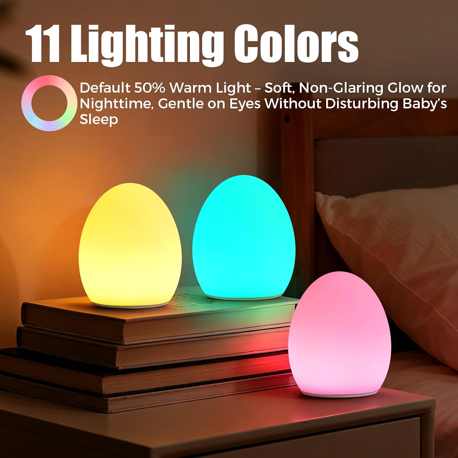 Detalle de Harmobub Silicone Egg Night Light, 11 Colors, Touch Control, USB-C Charging