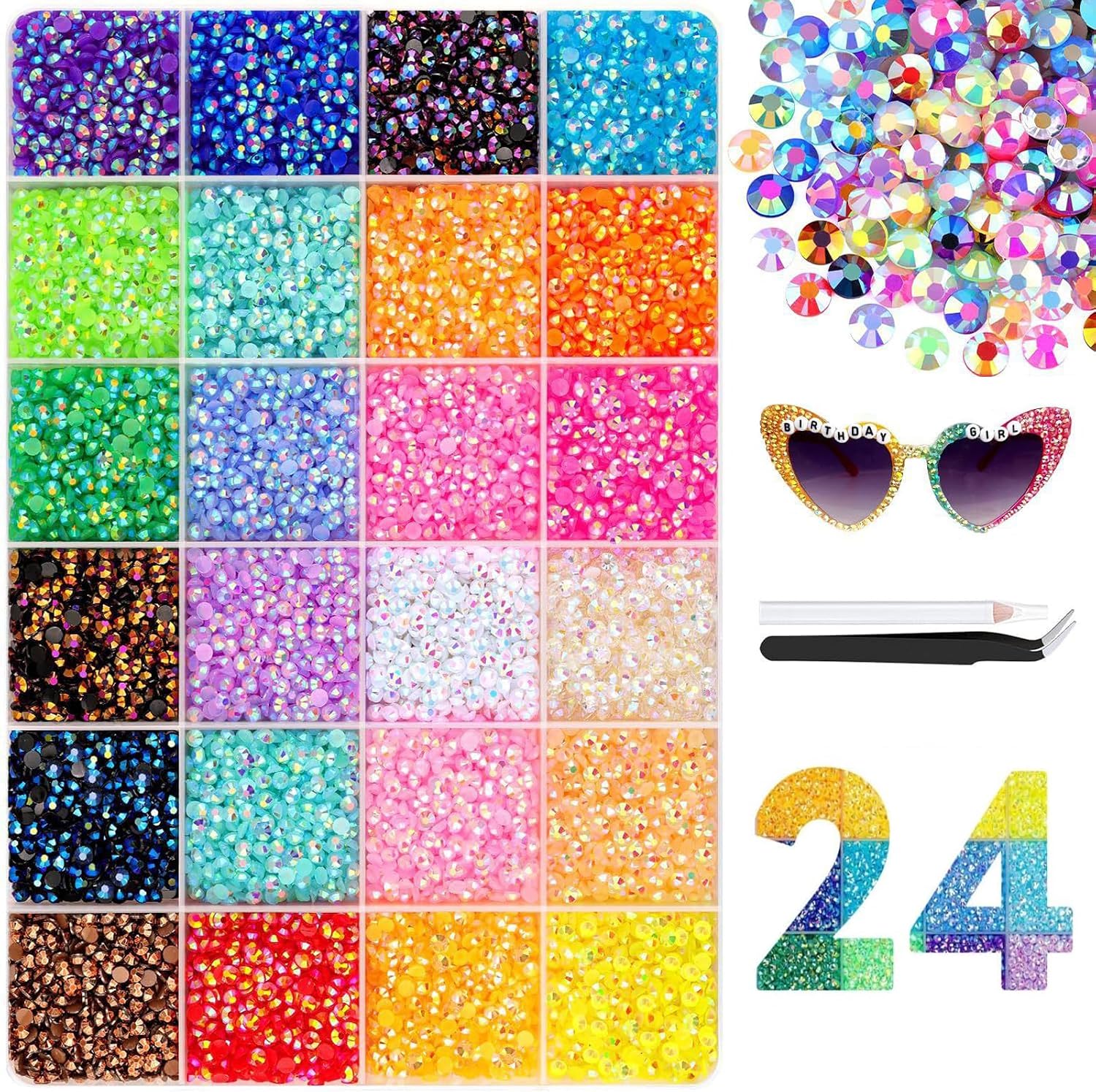 Detalle 1 de WaelthKey 30000PCS Nail Art Rhinestones – 3 mm Resin Flat-Back Crystals in 24 Colours with Glue, Tweezers and Pen