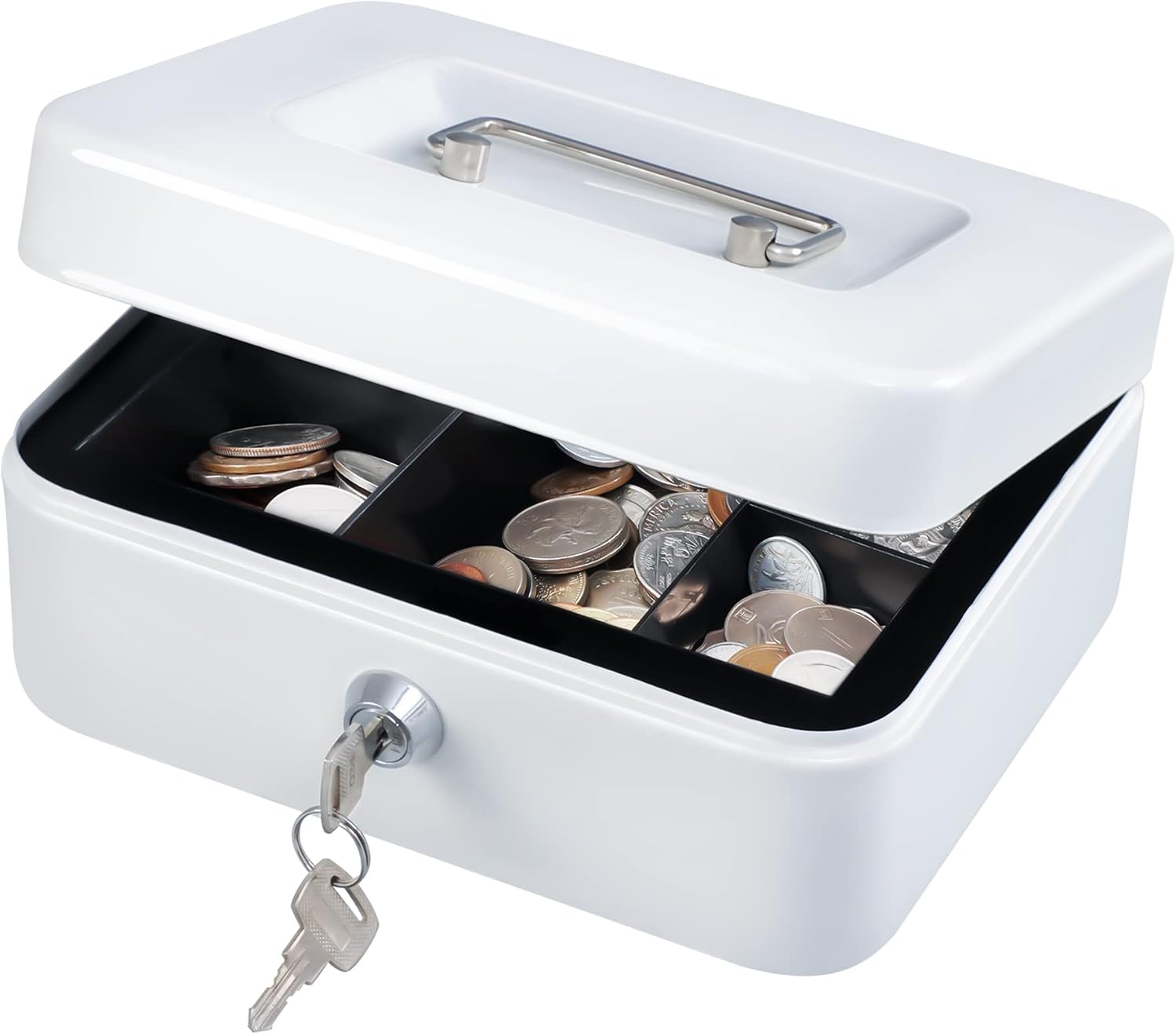 Detalle de KYODOLED P0126 Medium Cash Box with 5-Compartment Tray, Key Lock, White