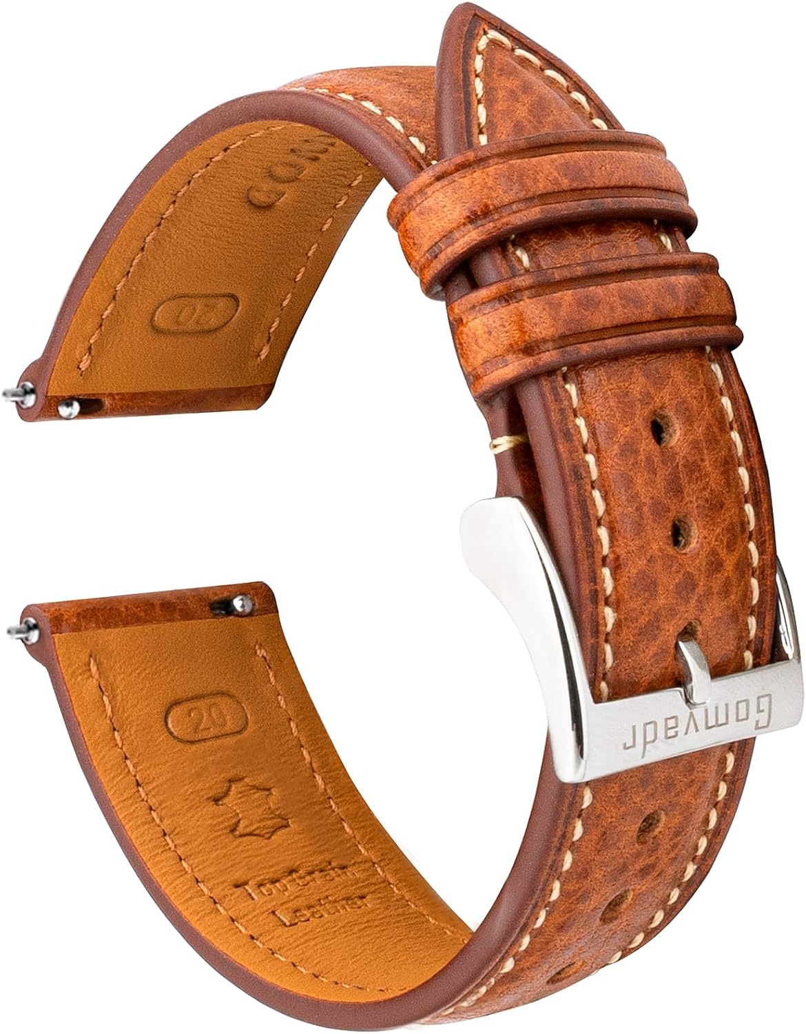Detalle de Gomvadr Leder Uhrenarmband (pflanzlich gegerbtes Top-Grain), Schnellspanner-Ersatzband – Cognac/Silber, 21 mm (Kontrastnaht)